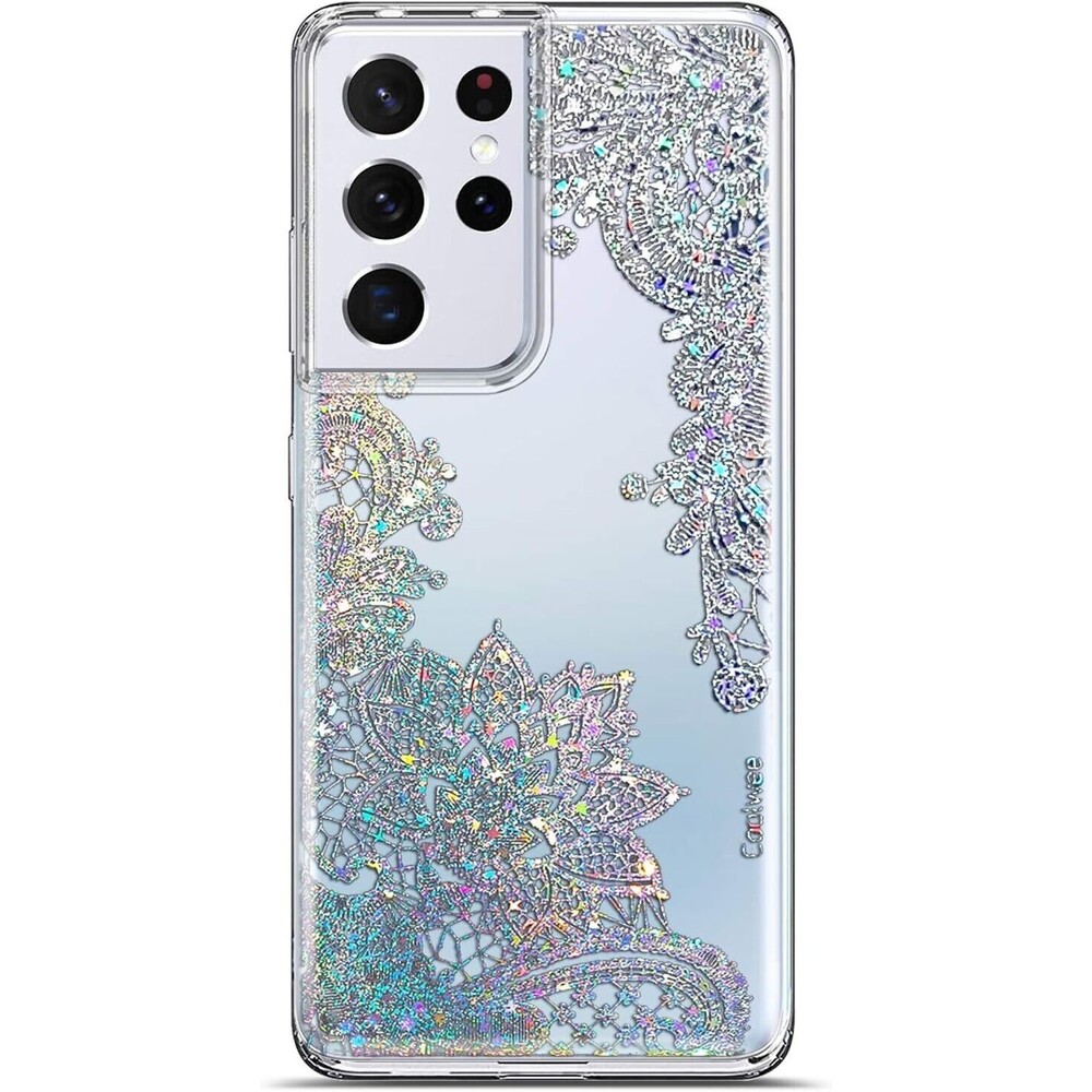Coolwee Clear Glitter for Galaxy S21 Ultra 6.8 in Flower Lace Glitter Mandala